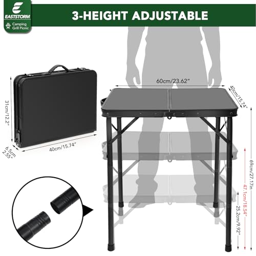 E EASTSTORM Small Metal Folding Table 3 Adjustable Heights, 23.6''×15.7''×27'' Heavy-Duty Portable Picnic Table for Outdoor Camping, Garden, Patio, Grill, BBQ, Party, 2Ft (Small, Black) - color: Black, size: Small 2ft - 23.6"l X 15.8"w - Iron Plate
