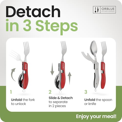 Orblue 4-in-1 Camping Eating Utensils, 2-Pack - Portable Spoon, Fork, Knife & Bottle Opener Combo Set - Stainless Steel Flatware with Detachable Fork - Travel, Backpacking Cutlery Multitool, Red - color: 2-PACK Live Red