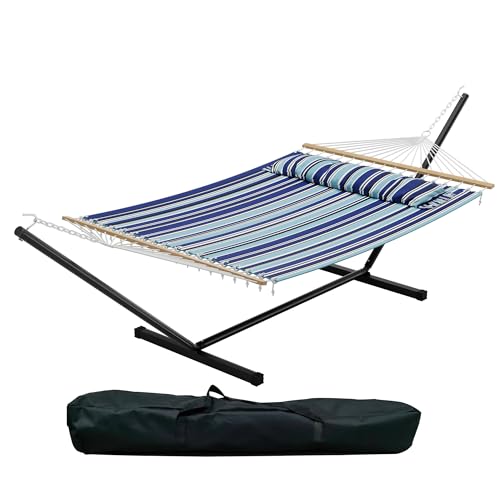 GarveeHome 2 Person Hammock with Stand, Heavy Duty Hammock with Carrying Bag, Soft Pillow, 475 lbs Capacity, Freestanding & Portable for Patio, Garden, Camping, Blue - color: Widen--blue