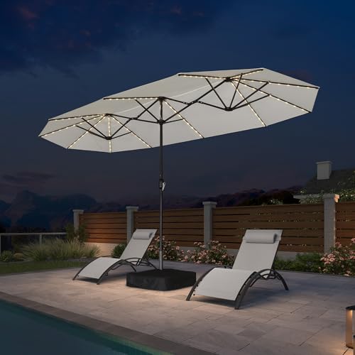 PURPLE LEAF 13ft Patio Market Umbrella with Solar LED and Base Double-Sided Rectangle Outdoor Table Sun Umbrellas with Crank for Pool Beach Deck Backyard Cream - color: Cream, size: 13' X 7' with Lights