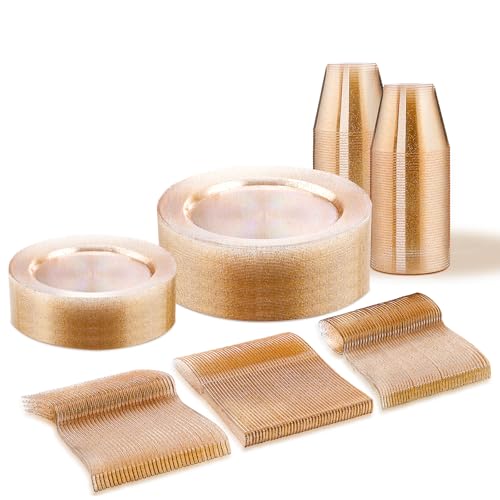 150 PCS Gold Glitter Disposable Dinnerware Set for 25 Guests, Plastic Plates for Party, Including 25 Dinner Plates, 25 Salad Plates, 25 Cups, 25 Forks Knives Spoons for Wedding and Party Supplies - color: Gold Glitter, size: 25 Guests