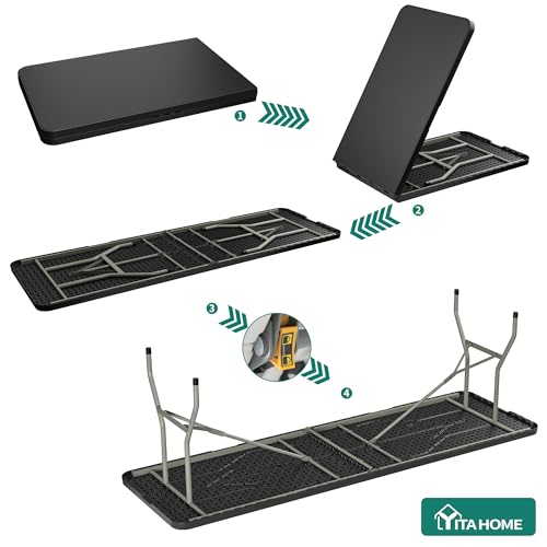 YITAHOME 8FT Folding Tables, Heavy Duty Folding Table with Carrying Handle, Plastic Fold up Table for Outdoor Camping Picnic Parties/Indoor Events, Black - color: Black