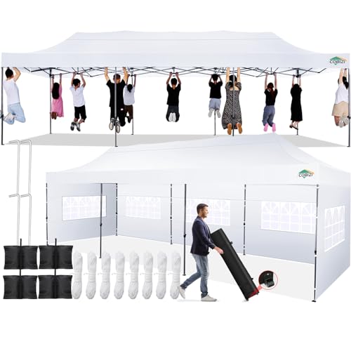COBIZI 10x30 Pop up Canopy Tent 10x30 Canopy with 8 Sidewalls Waterproof Heavy Duty Commercial Canopy Tent for Parties Outdoor Garden Gazebo, Carry Bag with Wheel(10x30ft, White) - color: White, size: 10X30FT 8 Sidewalls