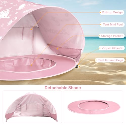 Baby Beach Tent, Pop Up Beach Tent Sun Shade for Beach, Portable Shade Pool UV Protection Sun Shelter for Infant with Beach Sand Toys Set - color: Light Pink