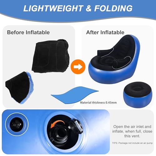 Thickened Inflatable Couch with Armrest＆Ottoman, Blow Up Lounger Chair,Folding Air Chair for Adults,Inflatable Lazy Sofa Perfect for Rooms, Camping or Home(Without Pump,Blue) - color: Blue