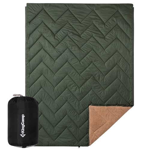 KingCamp Large Camping Blanket with Sherpa Lining, Packable Down Alternative Puffy Printed Wearable Blanket with Snap Buttons, Warm Weatherproof Quilt for Outdoor Travel (79" L x 57" W, Khaki/Olive) - color: Sherpa-khaki/Olive, size: 79" x 57"- Sherpa Fle
