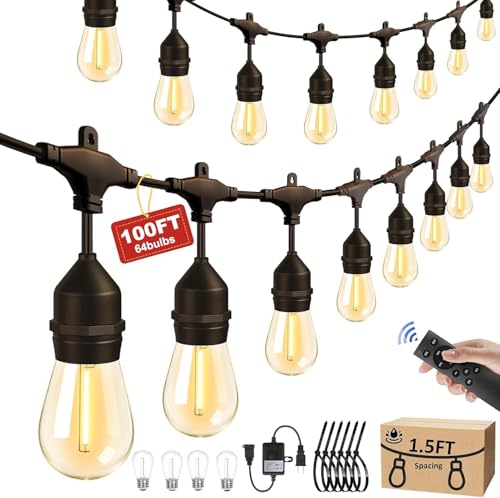 100FT Outdoor String Lights with 64+4 Bulbs (1.5FT Bulbs Spacing), Remote & Dimmer, Commercial Patio String Lights with 3 Mode Light & Timing, IP65 Waterproof, 100PC Mounting Ties for Outside - size: 100ft With Remote (1.5ft Bulbs Spacing)