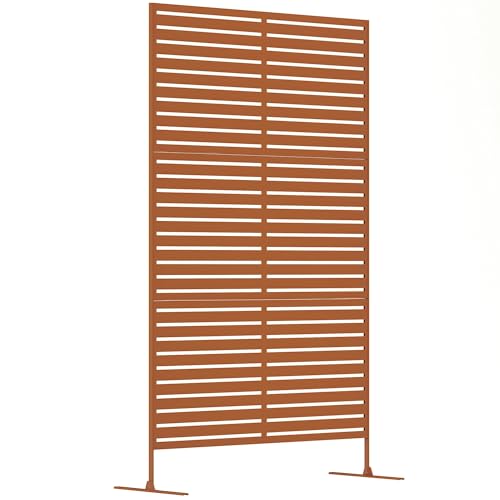 Outsunny Metal Outdoor Privacy Screen, 78" H x 48" W Decorative Privacy Fence Screen, Freestanding Outdoor Divider with Stand, Climbing Plant Trellis for Garden Walkway, Balcony, Patio, Striped Brown - color: Brown/Striped