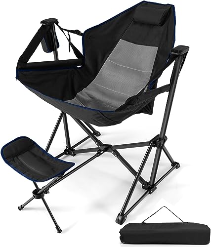 HAPPYGRILL Hammock Camping Chair Folding Camping Swinging Chair with Retractable Footrest, Cozy Head Pillow, Carrying Bag, Portable Lightweight Rocking Chair for Camping Fishing Picnic - color: Black 1 Pack
