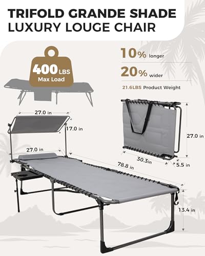 KingCamp Oversized Tanning Chair, Extra-Wide Padded Folding Chase Lounge Chairs Adjustable 5-Position 400lbs Heavy Duty Lounger with Double-Layer Oxford Canopy Shade for Outdoor Beach Patio Sun Pool - color: Oversize Grey Canopy-1 Pack