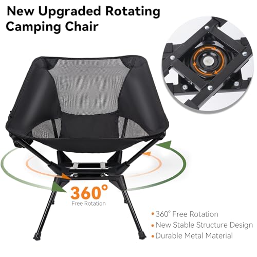 Upgraded 360° Swivel Camping Chair for Adults, Portable Folding Chair with Cup Holder, Lightweight Compact Backpack Outdoor Chair for Travel, Fishing, Hiking, and Beach - color: Black