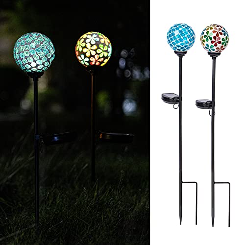 VCUTEKA Solar Garden Lights, Mosaic Solar Light Outdoor Waterproof LED Pathway Stake Light for Landscape Patio Yard Deck Walkway Decoration, 2 Pack - color: White