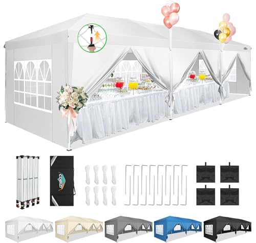 COBIZI 10x30 Pop Up Canopy Tent for Parties with 8 Sidewalls Waterproof Commercial Instant Canopy 10x30 Party Tent for Backyard, Wedding Portable Outdoor Gazebo with Carrybag&4 Sandbags(White - color: White, size: 10x30FT with 8 sidewalls
