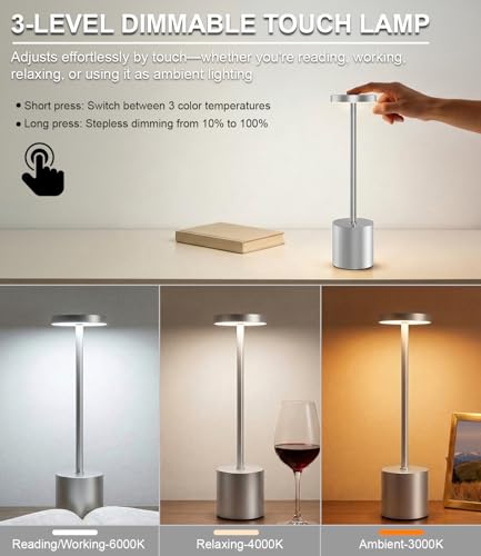 Silver Cordless Table Lamp Rechargeable - 2 Pack 5000mAH Battery Operated Lamp for Counter, 3 Color Stepless Dimming Waterproof LED Wireless Lamp for Dining Kitchen, Outdoor Patio, Touch Control - color: Silver(Set of 2)