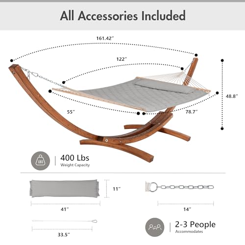 ANOW 13.5FT Curved Wood Stand with Double Hammock, Heavy Duty Larch Wood Arc Stand with 2 Chains, 4 Balance Ropes and 4 Carabiners, Includes Light Gray Hammock with Spreader Bars - color: Light Gray-quilted