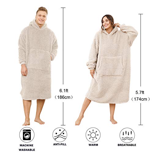 Sherpa Wearable Blanket Oversized Hoodie Sweatshirt TV Blanket with Long Sleeves and Pocket-Beige - color: Beige
