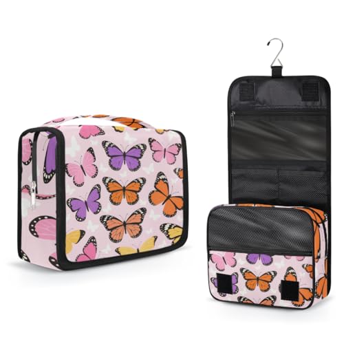 Colorful Butterflies Pattern Kids Toiletry Bag for Girls, Waterproof Hanging Makeup Organizer Travel Cosmetic Bag with Hook, Portable Toiletries Case for Sleepovers School Vacations - color: Colorful Butterflies Pattern