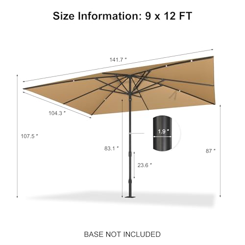 PURPLE LEAF 12' x 9' Rectangular Semi-Auto Outdoor Patio Umbrella Aluminium Market Umbrella Table Sun Umbrella with 1.89" Rod and 8 Sturdy Ribs for Deck Lawn Pool Garden, Beige - color: Beige, size: 9' x 12'