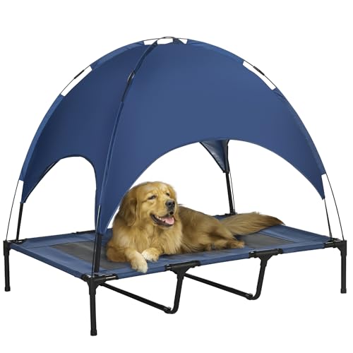 PawHut Elevated Dog Bed with Removable Canopy, Outdoor Dog Cot with UV Protection Canopy Shade, 48 inch Large Pet Bed for Camping, Dark Blue - color: Blue, size: 48 inch
