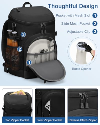 Pritent Cooler Backpack Insulated Waterproof,30/45 Cans Backpack Coolers Leakproof Lunch Backpack for Men Women Portable Soft Cooler Bag for Beach Camping Trave Picnic - color: Black, size: 45 Cans