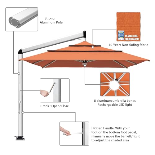 EliteShade USA Atlas 3-Tier 10x10FT Full Aluminum Cantilever Patio Umbrella for Outdoor Restaurant Garden Courtyard Deck Pool and Marketing with Light (No battery), Rust - color: Rust, style: 10FT Atlas