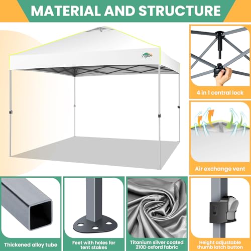 COBIZI 10x10 Pop Up Canopy Tent, Outdoor Party Tent Without Sidewall One Push Setup Glow, 3 Adjustable Height Air Vent Waterproof UPF50+, Bag, 4 Sandbag, 8 Stake, 4 Rope for Beach, Commercial - color: White, size: 10x10