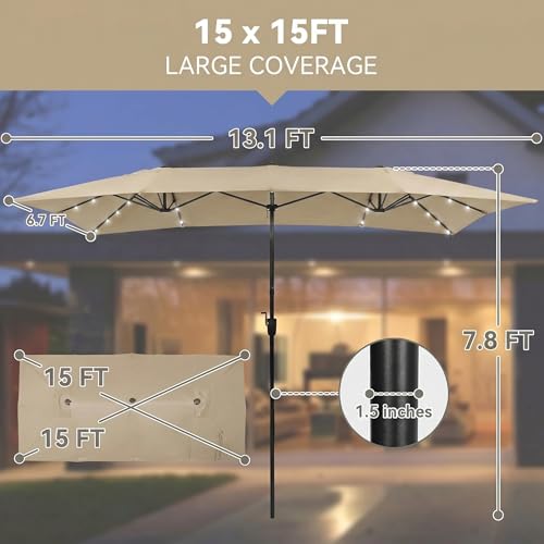 15×15ft Outdoor Patio Umbrella, Double Sided Market Rectangle Umbrella with Crank Handle, Large Sun Shade for Outside Deck, Backyard, Garden - color: Beige with LED lights