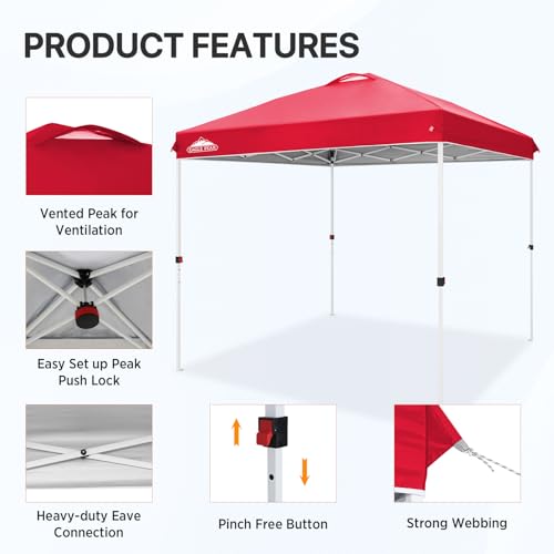 EAGLE PEAK Pop Up Canopy Tent with Wheeled Carry Bag, 8 Stakes, 4 Ropes, Easy Set Up Tent Canopy, 8x8 ft, Red - color: Red, size: 8x8