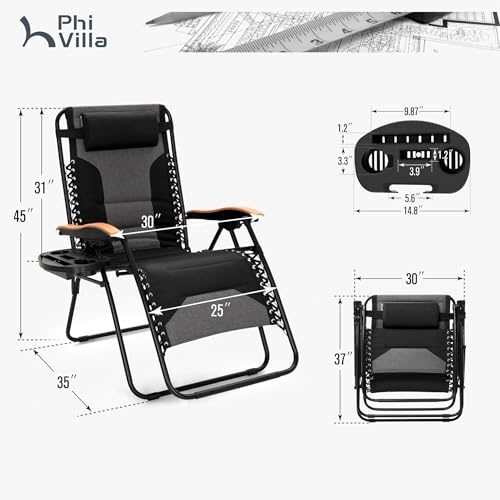 PHI VILLA XXL Oversized Padded Zero Gravity Chair, Foldable Patio Recliner, 30" Wide Seat Anti Gravity Lounger with Cup Holder, Support 400 LBS (Black) - color: Black, style: 1 Pcs