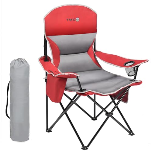 XMT Extra Wide Armrests Portable Folding Chair with Cup Holder Cooler Bag Heavy Duty 600D Oxford Fabric Supports 450lbs Compact Foldable Camping Chair for Outdoor Beach Picnic Sports - color: 02-red