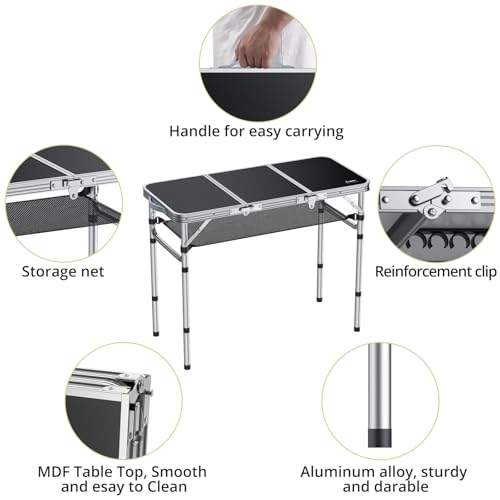Anbte Folding Camping Table with Storage Net, 3ft Camping Table Aluminum Folding Table with 3 Adjustable Height Max 27.1 Inch Picnic Table Portable Table for Outdoor Backyard BBQ, Black - color: Black