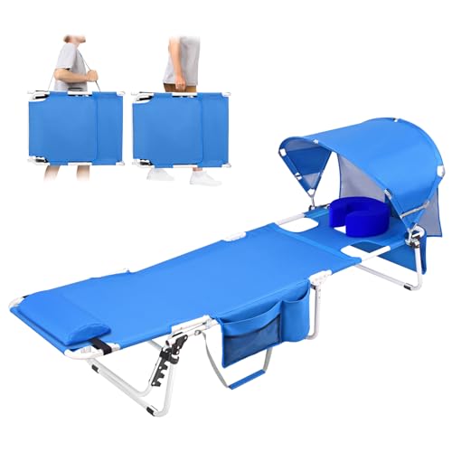 Tanning Chair with Sun Canopy Face Hole Softer Padded Adjustable Washable, Heavy Duty Layout Folding Lounge Chair for Adults Outside Beach Reading Sunbathing Poolside Lawn, UPF 50+ Sun Shade, 300 LBS - color: Royal Blue, size: Standard Size