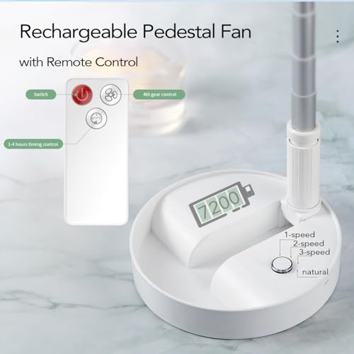 Foldable Fan Pedestal for Bedroom, Super Quiet, Portable Fan Rechargeable, Remote Control, for Office, Camping, Adjustable height, Floor and Table Suitable,8", White - color: white