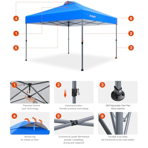 Amada 12x12 Pop Up Canopy Tent, 1-Button Push Easy-up Outdoor Canopy Beach Tent with 3-Height Adjustable Waterproof Shade Shelter, Wheeled STO-N-Go Bag 8 Stakes, 4 SandBags (Blue) - color: Blue, size: 12x12ft