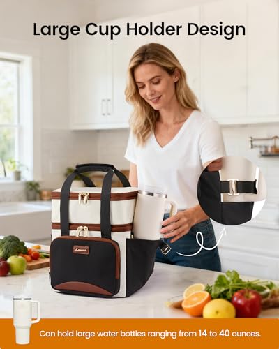 LOVEVOOK Insulated Lunch Bag For Women Men,Expandable Double Deck Lunch Box With Large Cup Holder,Leakproof Cooler Bag For Adult Lunch Tote Bag Work Picnic Beach with Adjustable Shoulder Strap Gift - color: Black with Off White with Brown, size: X Large —