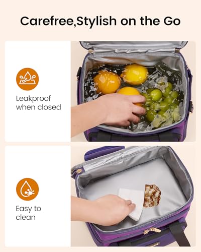 LOVEVOOK Insulated Lunch Bag For Women Men,Expandable Double Deck Lunch Box With Large Cup Holder,Leakproof Cooler Bag For Adult Lunch Tote Bag Work Picnic Beach with Adjustable Shoulder Strap Gift - color: Purple with Black, size: Large —15l