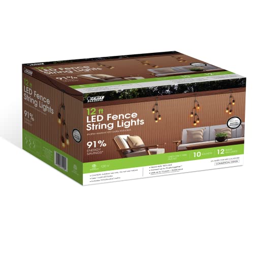 Feit Electric 12ft LED Outdoor Fence String Lights, 10 Sockets, 12pc. S14 LED Bulbs Included, E26 Base, 10 Watts, 2200K, Amber, SLM12-10/FIL - color: Warm White, size: 12 ft, style: 10 Sockets