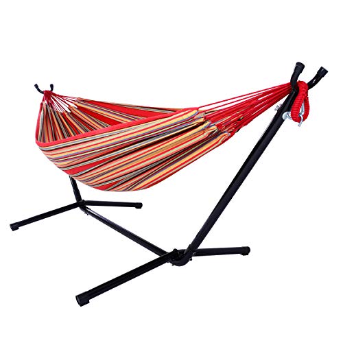 Double Hammock with Steel Stand, Adjustable Hammock Bed,Portable Outdoor Polyester Hammocks Set,2-Person Heavy-Duty Hammocks for Camping Garden Backyard Patio,250lbs Capacity (Red Stripe) - color: Red Stripe