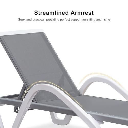 PURPLE LEAF Patio Chaise Lounge Chair Outdoor Plastic Textilene Sun Bathing Recliner Tanning Pool Lounger with 6 Adjustable Position for Outside Beach in-Pool Lawn Poolside, Grey - color: Grey, style: 1 chair(w/Arms)