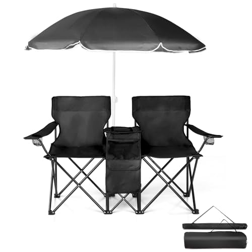 Double Camping Chair with Canopy Shade,Portable Outdoor 2-Seat Beach Chairs for Adults,Folding Lawn Chairs with Sunshade & Table Holder & Carry Bag,Support 360 LBS,for Sports Lawn Patio Outside Black - color: Black