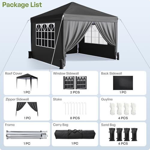 10x10 Pop Up Canopy with Sidewalls, Instant Portable Canopy Tent with Carry Bag for Commercial Events, Camping, Parties - Black - color: Black