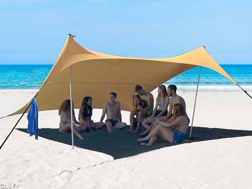10×10ft UPF50+ Beach Tent Sun Shelter, Windproof Stable Outdoor Pop Up Beach Shade Canopy for Camping, Fishing, Backyard Fun or Picnics, 2 Poles - color: Flaxen, size: 10×10 FT 2 POLES