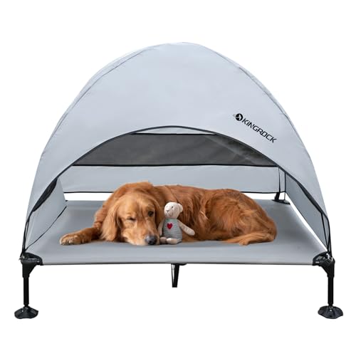 KINGROCK Elevated Dog Bed with Removable Canopy Portable Outdoor Pet Cot Waterproof 600D Oxford Fabric Anti Slip Feet for Large Dogs Camping Beach Indoor and Outdoor Use - color: Grey, size: 50"L x 32.6"W x 43"Th
