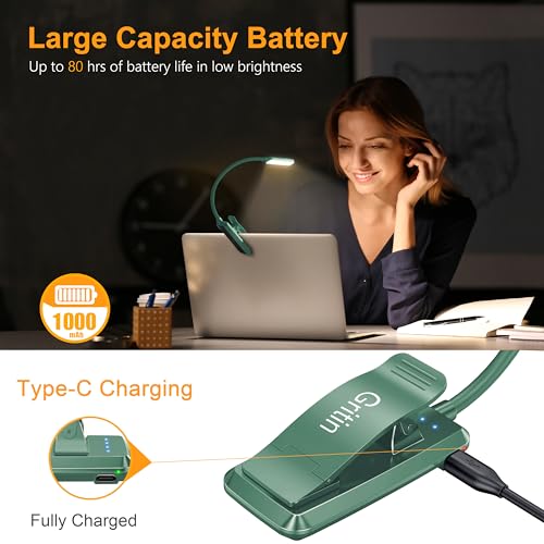 Gritin 9 LED Rechargeable Book Light for Reading in Bed - Eye Caring 3 Color Temperatures,Stepless Dimming Brightness,80 Hrs Runtime Small Lightweight Clip On Book Reading Light for Studying-Green - color: Green
