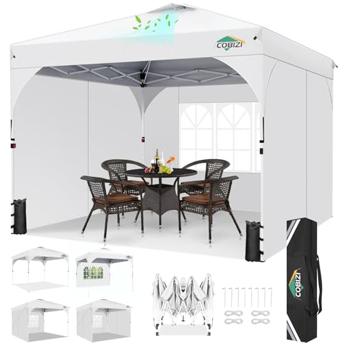 COBIZI 10x10 Pop Up Canopy with 3 Removable Sidewalls, Easy Pop Up Comercial Instant Canopy with One Push Center Lock, Waterproof Canopy with Sidewalls for Event, Rope & Stakes & Sandbags, White - color: White, size: 10x10ft (old model)