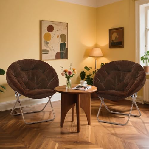MoNiBloom Round Folding Faux Fur Saucer Chair for Bedroom Living Room Dorm Foldable Metal Frame Oversized Large Comfy Furry Padded Soft Lounge Lazy Cozy Moon Chair for Adults (Brown, 2 Pieces) - color: Brown