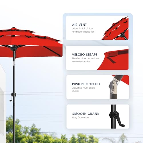 wikiwiki 9ft 3-Tier Patio Umbrella Outdoor Table Market Umbrella for Patio with Push Button Tilt/Crank, Fade Resistant Waterproof POLYESTER Canopy for Garden, Lawn, Deck, Backyard & Pool, Light Red - color: Light Red, size: 9 FT