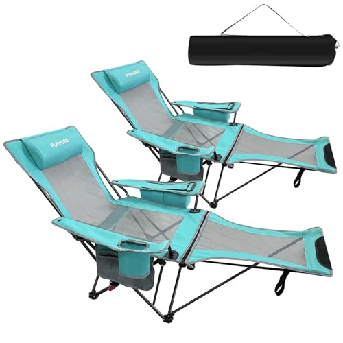 2-Pack Reclining Camping Chair 4 Position with Foot Rest Comfortable for Adults 265Ibs Folding Lounger Mesh Beach Chair with Cooler Bag and Cup Holder for Outdoor Patio - color: Cyan, style: 2-Pack - No Cotton Pad