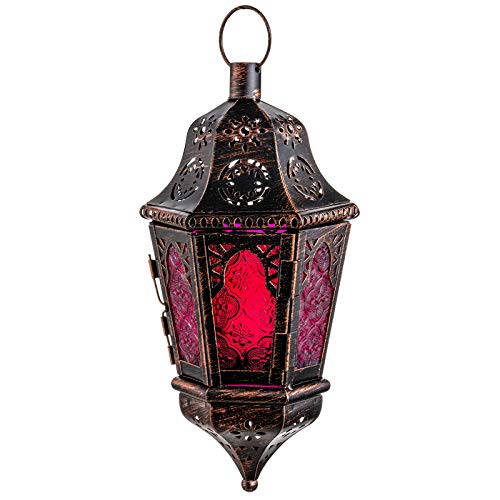 Moroccan Decorations, Lantern Decorative Indoor & Outdoor, 13.6’’ Vintage Decorative Hanging Lantern with Chian for Home Porch Patio Decor, Metal Ramadan Christmas Candle Holders(Plum Red) - color: Plum Red
