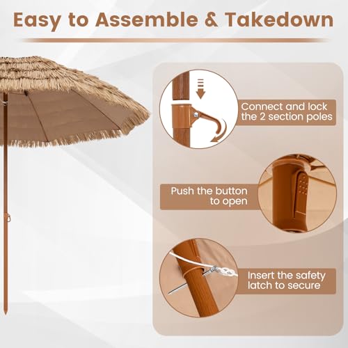Tangkula 8Ft Tiki Patio Umbrella, UPF50+ Hawaiian Style Outdoor PE Grass Umbrella with 8 Ribs, Portable Thatched Beach Umbrella for Garden, Yard, Poolside - color: Natural, size: 8Ft